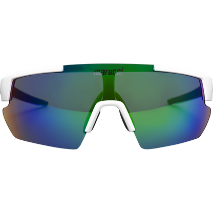 The Marucci Shield 2.0 Performance Sunglasses (MSNVSHIELD2) feature a white frame, green-blue mirrored lenses, and the Marucci logo at the top center—ideal eyewear for athletes who require clear on-field vision.