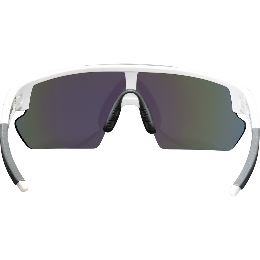 Front view of Marucci Shield 2.0 Performance Sunglasses (MSNVSHIELD2) featuring a white frame, gray arms, large dark polarized lenses, nose pad, and modern wraparound design for top on-field performance.