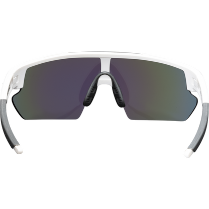 Front view of Marucci Shield 2.0 Performance Sunglasses (MSNVSHIELD2) featuring a white frame, gray arms, large dark polarized lenses, nose pad, and modern wraparound design for top on-field performance.