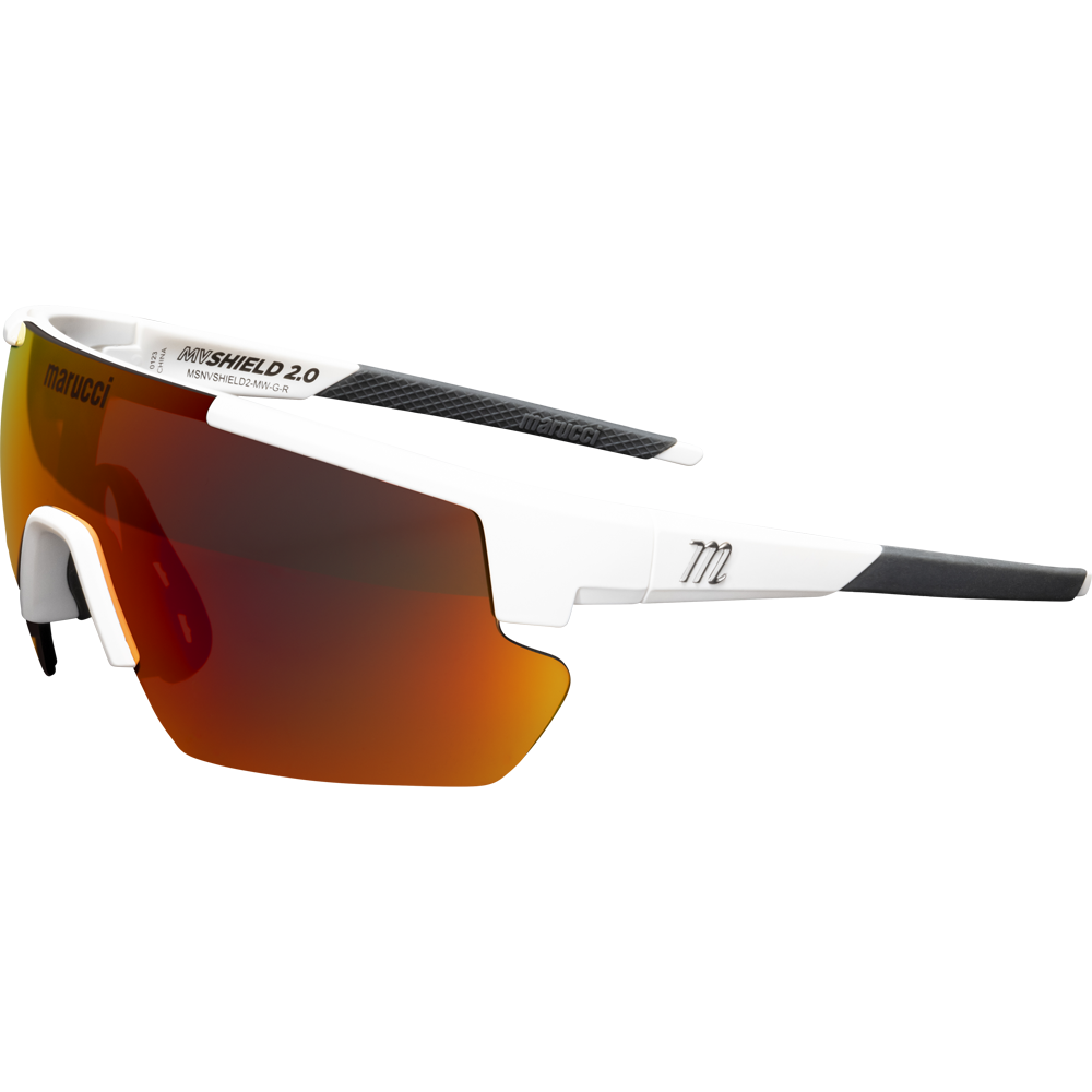 The Marucci Youth Shield 2.0 Performance Sunglasses (MSNVSHIELDY2) feature a sleek white frame, wide mirrored orange lens, black rubber temple accents, and bold Marucci branding—ideal on-field sunglasses for dynamic youth play.