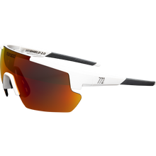 The Marucci Youth Shield 2.0 Performance Sunglasses (MSNVSHIELDY2) feature a sleek white frame, wide mirrored orange lens, black rubber temple accents, and bold Marucci branding—ideal on-field sunglasses for dynamic youth play.