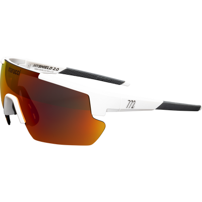 The Marucci Youth Shield 2.0 Performance Sunglasses (MSNVSHIELDY2) feature a sleek white frame, wide mirrored orange lens, black rubber temple accents, and bold Marucci branding—ideal on-field sunglasses for dynamic youth play.