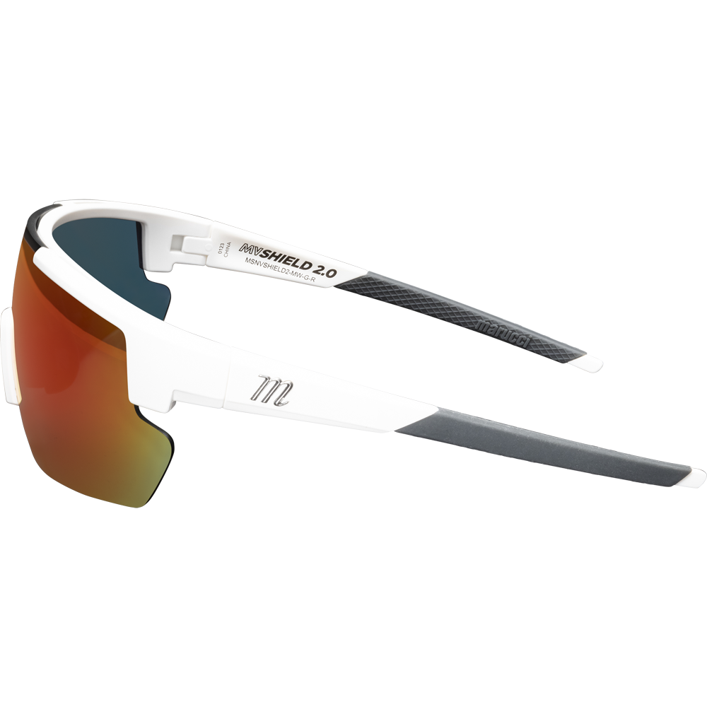 Side view of white Marucci Youth Shield 2.0 Performance Sunglasses (MSNVSHIELDY2) with gray and black arms, red-orange mirrored lenses, and a sleek angular frame—ideal on-field sunglasses for dynamic sports.