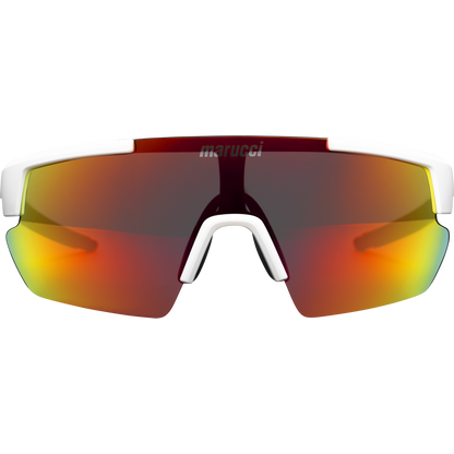 Front view of Marucci Shield 2.0 Performance Sunglasses (MSNVSHIELD2), featuring a single rainbow-tinted Carl Zeiss Vision lens, white frame, and Marucci branding on the lens.