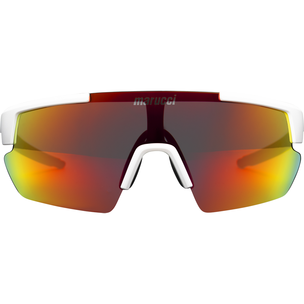 The Marucci Youth Shield 2.0 Performance Sunglasses (MSNVSHIELDY2) feature a white frame and mirrored multicolored lenses with red, orange, and yellow hues; the Marucci brand name appears at the top center of the lens.