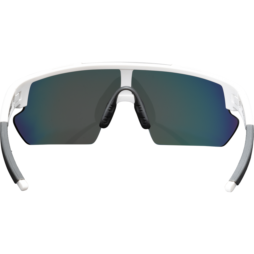 Front view of Marucci Youth Shield 2.0 Performance Sunglasses (MSNVSHIELDY2) with a white frame, gray-tinted Carl Zeiss Vision lenses, black adjustable nose pads, and gray arm tips, set against a plain light background.