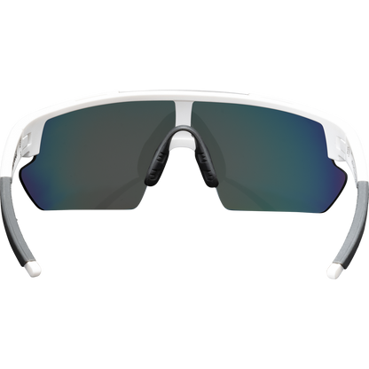 Front view of Marucci Youth Shield 2.0 Performance Sunglasses (MSNVSHIELDY2) with a white frame, gray-tinted Carl Zeiss Vision lenses, black adjustable nose pads, and gray arm tips, set against a plain light background.