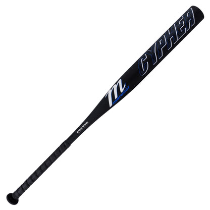 The 2025 Marucci Cypher 12.25" BH Load NSA USSSA Slowpitch Softball Bat (MSPC1BHU) features a black design, bold silver CYPHER near the barrel, blue and white TM, Dynamic Performance Optimized Barrel, and textured black grip handle.