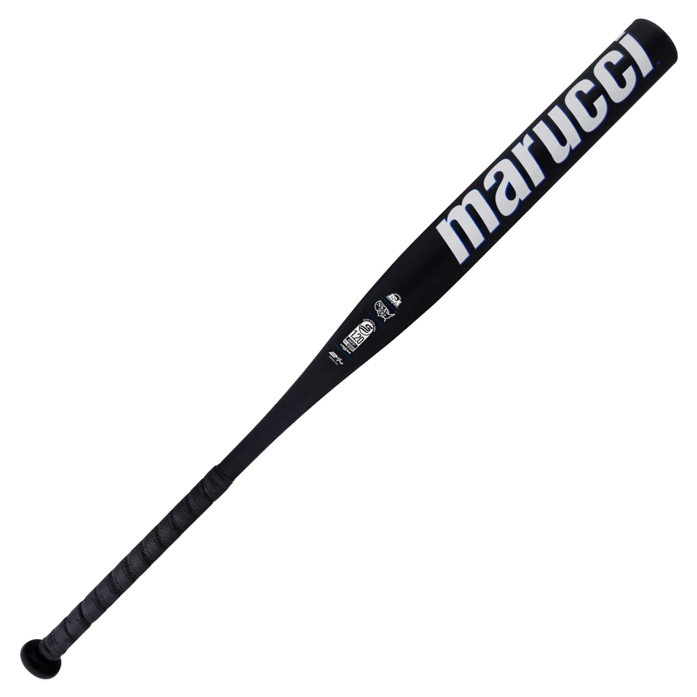 A black 2025 Marucci Cypher 12.25" BH Load NSA USSSA Slowpitch Softball Bat (MSPC1BHU) with a wrapped handle, Modulated Stiffness Technology, and "marucci" in large white letters on its Dynamic Performance Optimized Barrel.
