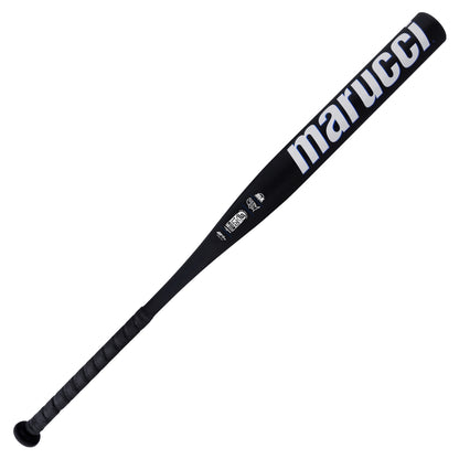 A black 2025 Marucci Cypher 12.25" BH Load NSA USSSA Slowpitch Softball Bat (MSPC1BHU) with a wrapped handle, Modulated Stiffness Technology, and "marucci" in large white letters on its Dynamic Performance Optimized Barrel.