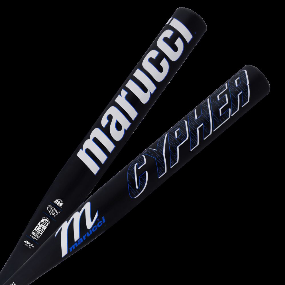 Two black 2025 Marucci Cypher 12.25" BH Load NSA USSSA Slowpitch Softball Bats are shown diagonally, featuring bold white and blue logos and a Dynamic Performance Optimized Barrel for powerful hits against a black background.