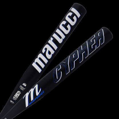 Two black 2025 Marucci Cypher 12.25" BH Load NSA USSSA Slowpitch Softball Bats are shown diagonally, featuring bold white and blue logos and a Dynamic Performance Optimized Barrel for powerful hits against a black background.