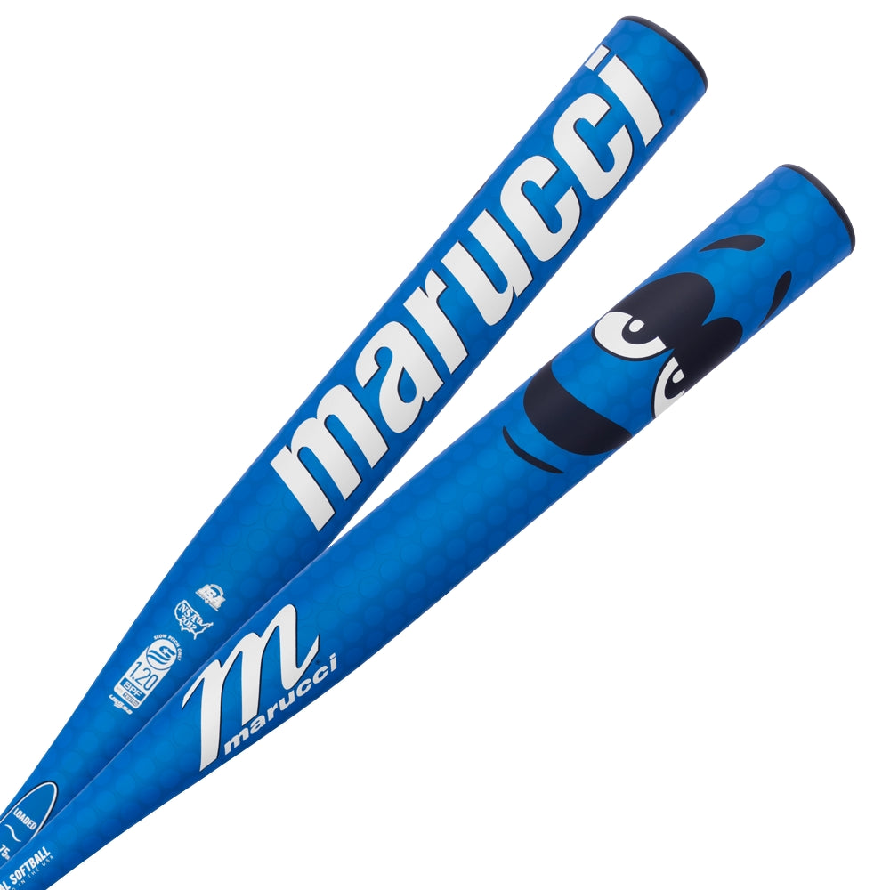 Two blue Marucci bats: the 2025 Marucci Chocolate Crush 12.75" Loaded NSA USSSA Slowpitch Softball Bat (MSPCCB1LU) with the "M" logo and certifications, and another featuring a cartoon face design with bold eyebrows, eyes, and a large Marucci logo.