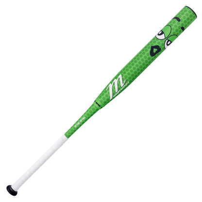The 2025 Marucci Chocolate Crush 12.75" Loaded NSA USSSA Slowpitch Softball Bat (MSPCCG2LU) features DisRupt Barrel technology, a green honeycomb design with cartoon eyes/mouth, white grip tape, and black knob.