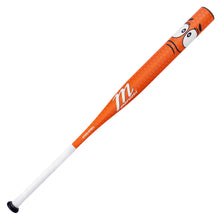 The 2025 Marucci Chocolate Crush 13" Balanced NSA USSSA Slowpitch Softball Bat (MSPCCO1BU) features an orange honeycomb pattern, white grip, cartoon eyes, and Marucci logo. Built with one-piece composite construction for performance.