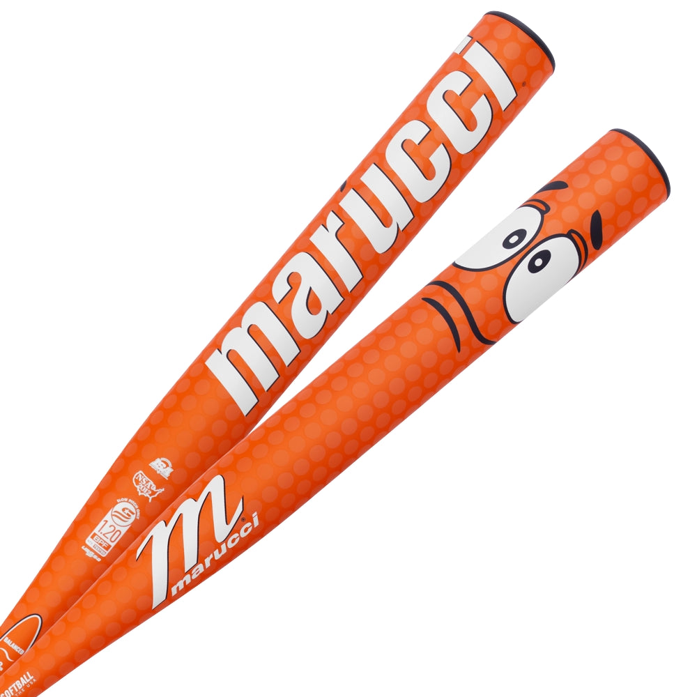 Two orange 2025 Marucci Chocolate Crush 13" Balanced NSA USSSA Slowpitch Softball Bats feature One-Piece Composite Construction for premium performance, with one bat showing the Marucci logo and the other fun cartoon eyes.