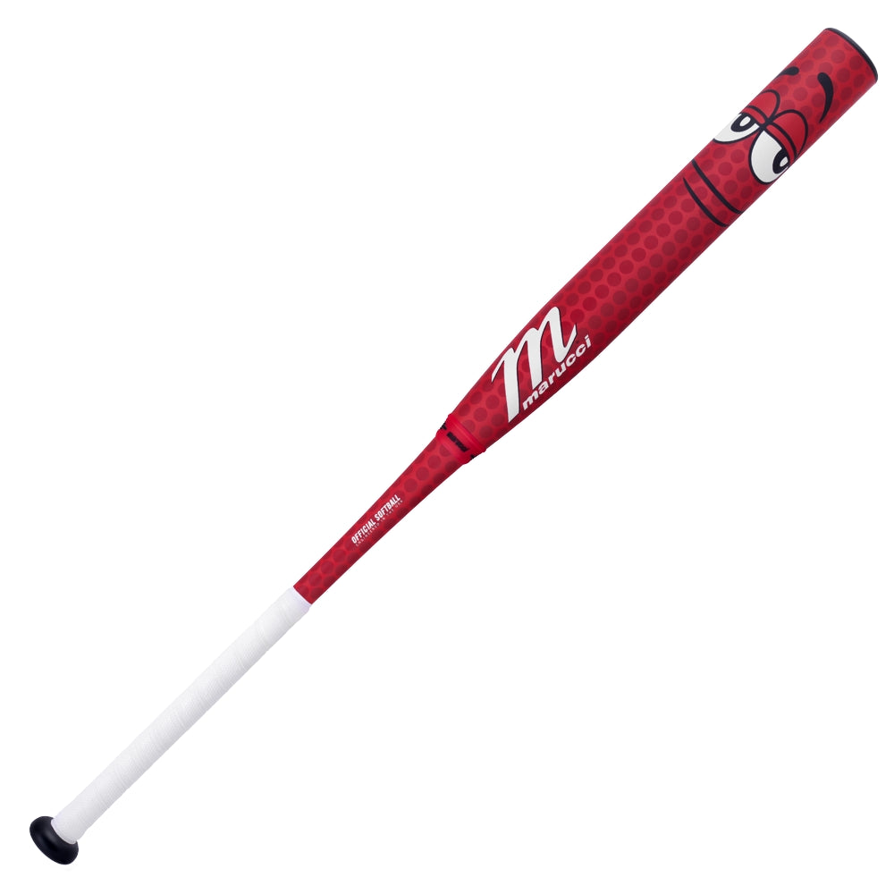 A 2025 Marucci Chocolate Crush 12" BH Load softball bat with a red barrel, white handle, cartoon face graphic, eyes and smile, DisRupt Barrel technology, honeycomb pattern, and Marucci logo printed on it.