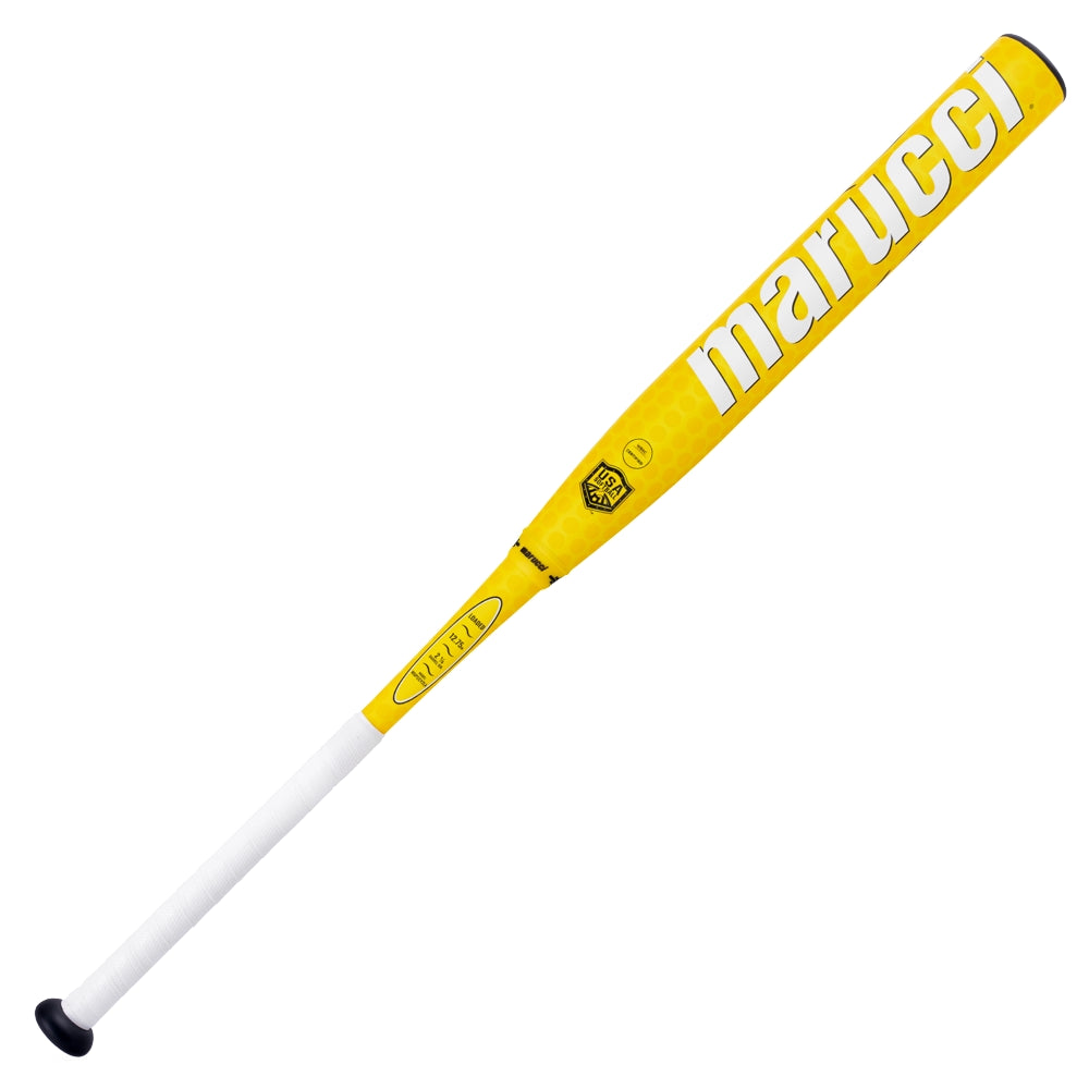 The 2025 Marucci Chocolate Crush 12.75" Loaded USA Slowpitch Softball Bat (MSPCCY2LA) features a yellow barrel, white grip, black knob, prominent white "marucci" branding, and a dual chamber barrel for enhanced performance.