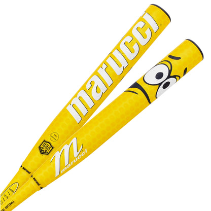 Two bright yellow 2025 Marucci Chocolate Crush 12.75" Loaded USA Slowpitch Softball Bats, one with a large Marucci logo and the other featuring a surprised cartoon face, both boasting a honeycomb texture and dual chamber barrel design.
