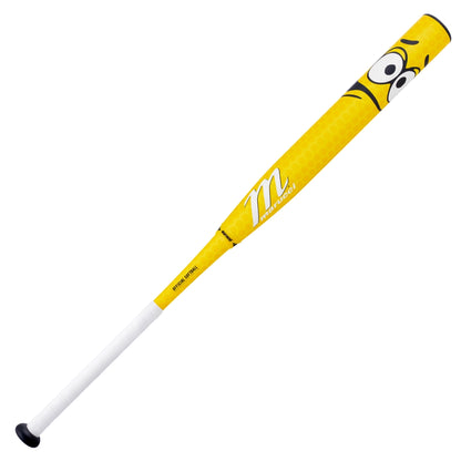 The 2025 Marucci Chocolate Crush 12.75" Loaded USA Slowpitch Softball Bat (MSPCCY2LA) features a yellow honeycomb design with a cartoon face at the barrel, white grip handle, and dual chamber barrel for enhanced performance.