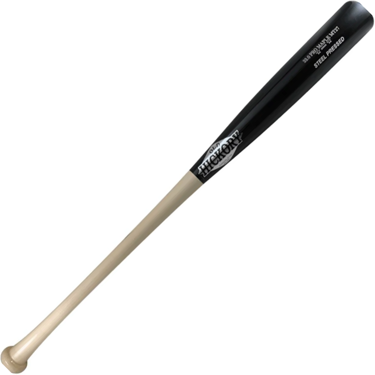 The Old Hickory Mike Trout MT27 Steel Pressed Maple Wood Bat features a natural handle, black barrel, and “Old Hickory” branding near the barrel end—crafted for performance and quality.