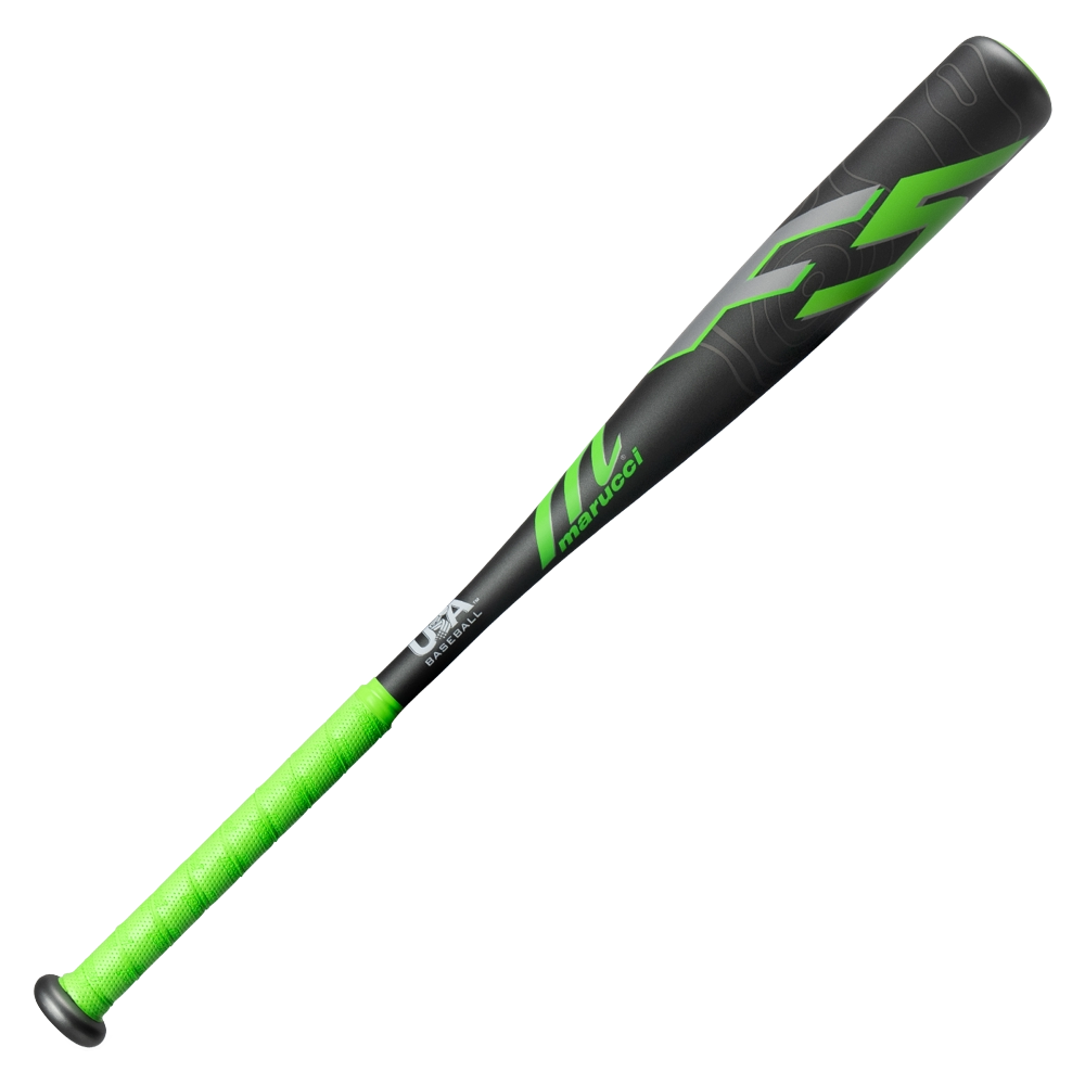 The 2026 Marucci F5 (-12) 2 1/4″ USA Tee Ball Baseball Bat (MTBF55) features a striking black and green design, highlighted by neon green grip tape and bold Marucci branding along the barrel and handle. Crafted from durable one-piece alloy construction, this USA Baseball bat tapers to a comfortable knob at the base.