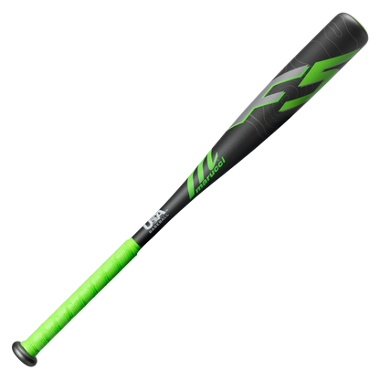 The 2026 Marucci F5 (-12) 2 1/4″ USA Tee Ball Baseball Bat (MTBF55) features a striking black and green design, highlighted by neon green grip tape and bold Marucci branding along the barrel and handle. Crafted from durable one-piece alloy construction, this USA Baseball bat tapers to a comfortable knob at the base.