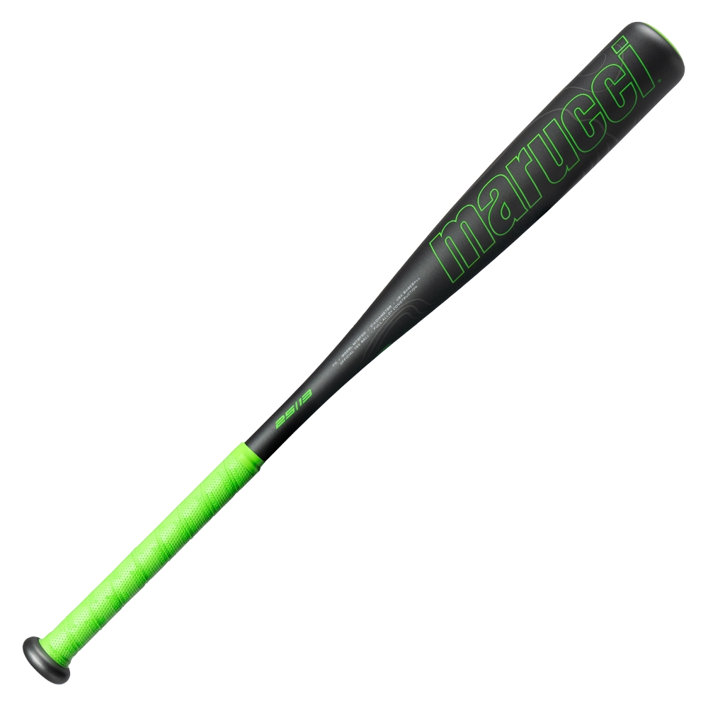 The 2026 Marucci F5 (-12) 2 1/4″ USA Tee Ball Baseball Bat (MTBF55) by Marucci is displayed against a plain white background, featuring a black design with vibrant green text and a green grip, and constructed from one-piece alloy.