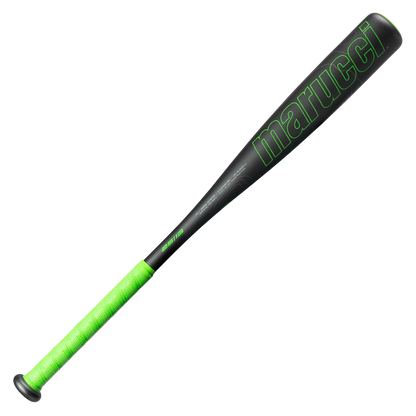The 2026 Marucci F5 (-12) 2 1/4″ USA Tee Ball Baseball Bat (MTBF55) by Marucci is displayed against a plain white background, featuring a black design with vibrant green text and a green grip, and constructed from one-piece alloy.