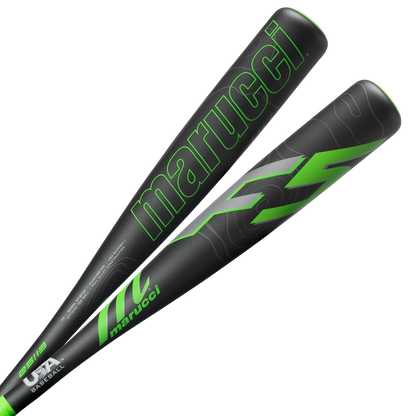 Two black 2026 Marucci F5 (-12) 2 1/4″ USA Tee Ball Baseball Bats (model MTBF55) featuring bold, modern green graphics and the prominent Marucci logo. These bats are constructed from durable one-piece alloy for reliable performance and showcase “marucci” written in large green letters along the side.