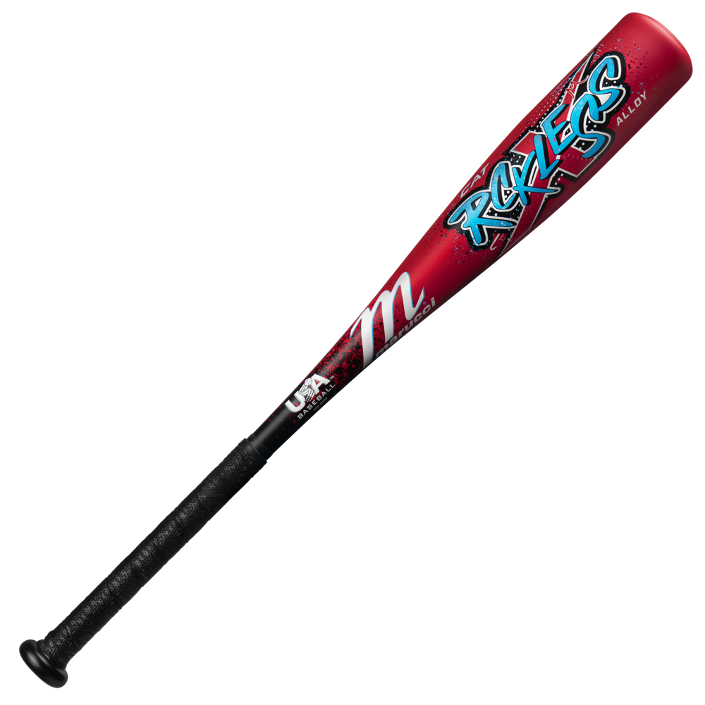 A Marucci 2026 CAT X RCKLESS (-11) 2 5/8" USA Tee Ball Baseball Bat (MTBCR), featuring a stylish metallic finish, textured black grip, and bold branding on the barrel.