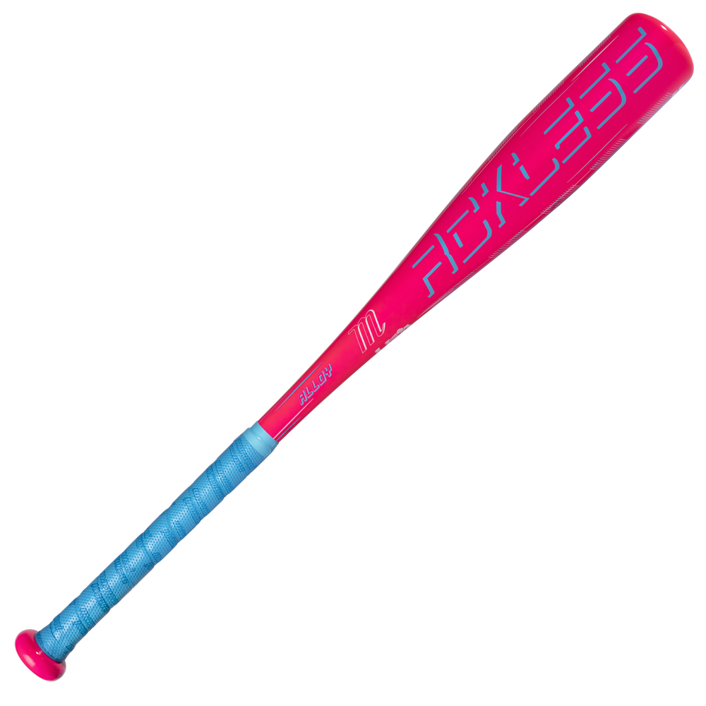 A pink Marucci 2027 RCKLESS (-11) USA Tee Ball Baseball Bat with bold blue lettering and a matching blue grip handle is displayed against a white background. The bat features Marucci’s Ring-Free Barrel Construction for consistent performance.