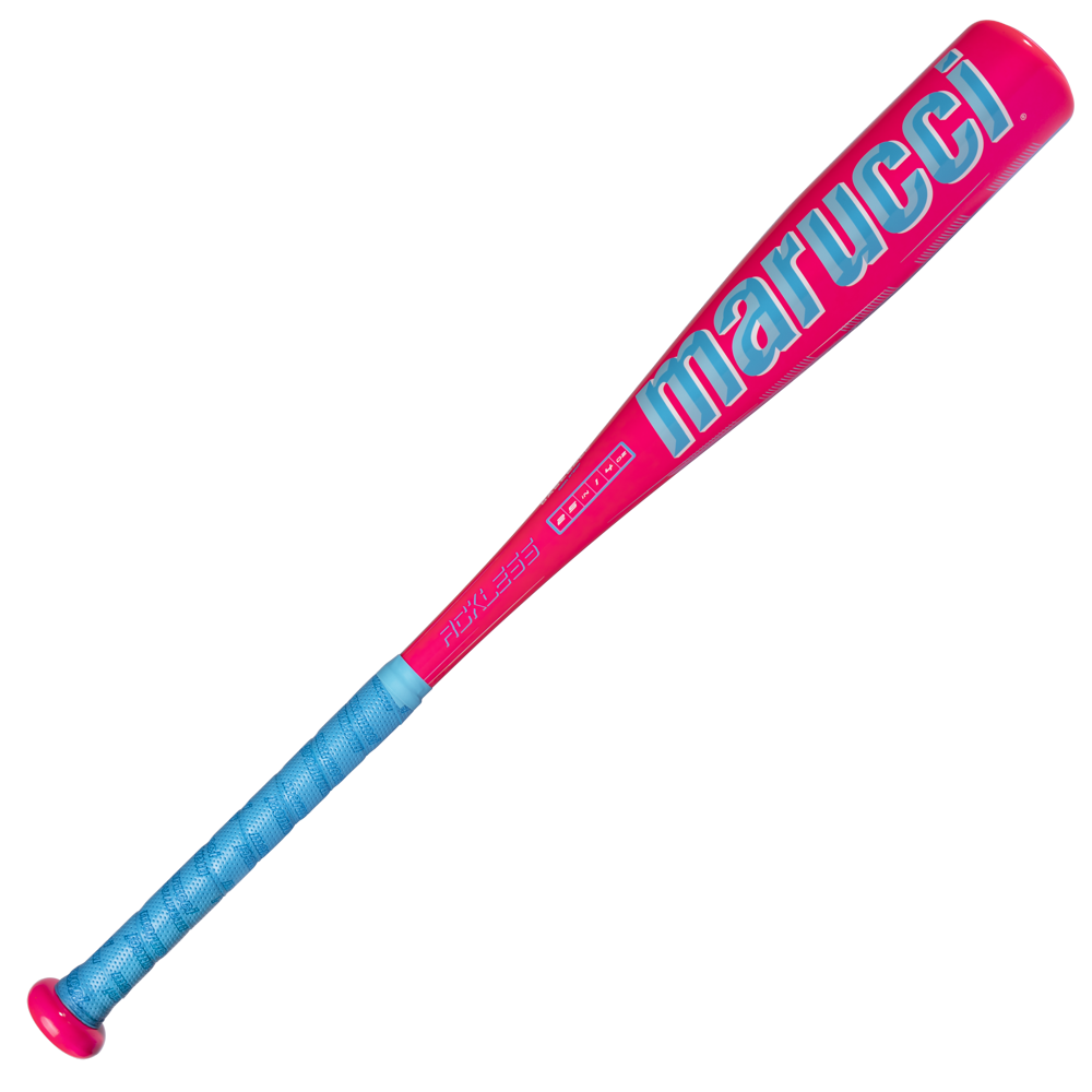 A vibrant pink 2027 Marucci RCKLESS (-11) 2 5/8″ USA Tee Ball Baseball Bat (MTBR2), showcasing a blue grip tape and bold blue Marucci branding on the barrel, is positioned with its handle at the bottom left and barrel at the top right. Featuring advanced Ring-Free Barrel Construction for optimal performance.
