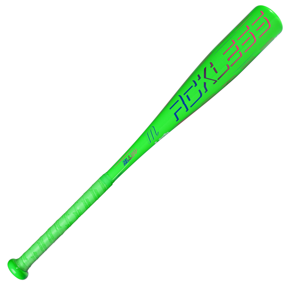 A lime green Marucci 2027 RCKLESS (-11) 2 5/8″ USA Tee Ball Baseball Bat (model MTBR2), featuring the word “RECKLESS” in bold purple letters on the barrel, a textured handle grip, and Ring-Free Barrel Construction for enhanced performance.