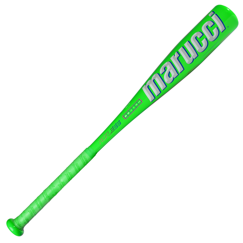 A vibrant green 2027 Marucci RCKLESS (-11) 2 5/8″ USA Tee Ball Baseball Bat (MTBR2) with a matching green grip and the Marucci brand name in large white letters along the barrel, featuring Ring-Free Barrel Construction for enhanced performance and USA Baseball certification for official play.