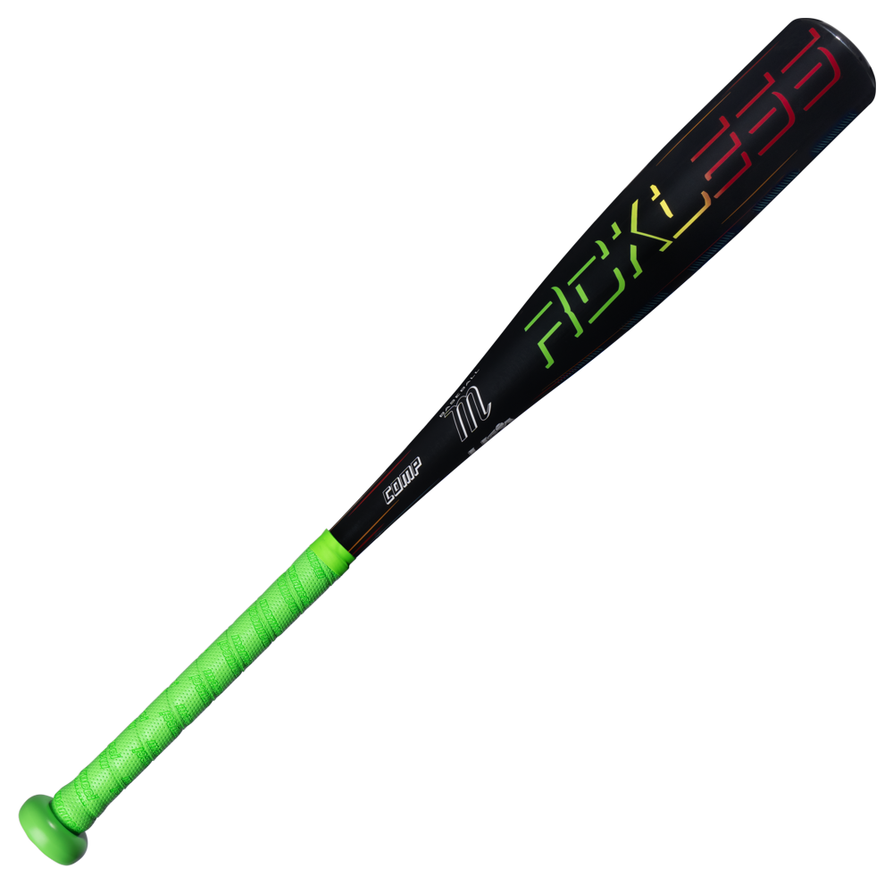 The Marucci 2027 RCKLESS Gen 2 Composite (-13) 2 5/8″ USA Tee Ball Baseball bat (MTBRC2) features a sleek black design with a vivid green grip and multicolored lettering on the barrel, all showcased against a white background. This one-piece composite bat is USA Baseball certified, delivering both standout style and top-tier performance for young players.
