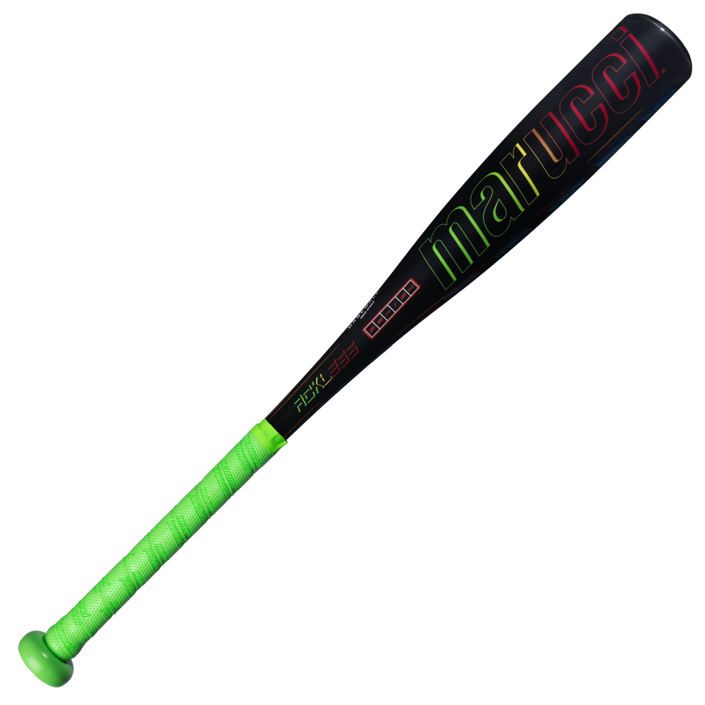 The 2027 Marucci RCKLESS Gen 2 Composite (-13) 2 5/8″ USA Tee Ball Baseball Bat (MTBRC2) is a black Marucci bat with a neon green handle and knob, featuring red and green lettering on the barrel. This one-piece composite bat is USA Baseball certified.