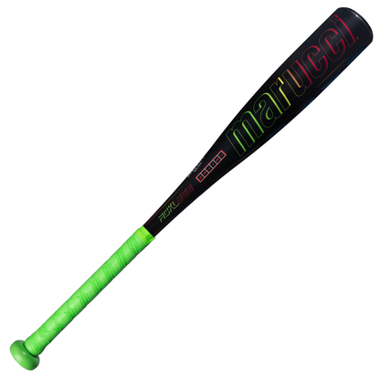The 2027 Marucci RCKLESS Gen 2 Composite (-13) 2 5/8″ USA Tee Ball Baseball Bat (MTBRC2) is a black Marucci bat with a neon green handle and knob, featuring red and green lettering on the barrel. This one-piece composite bat is USA Baseball certified.
