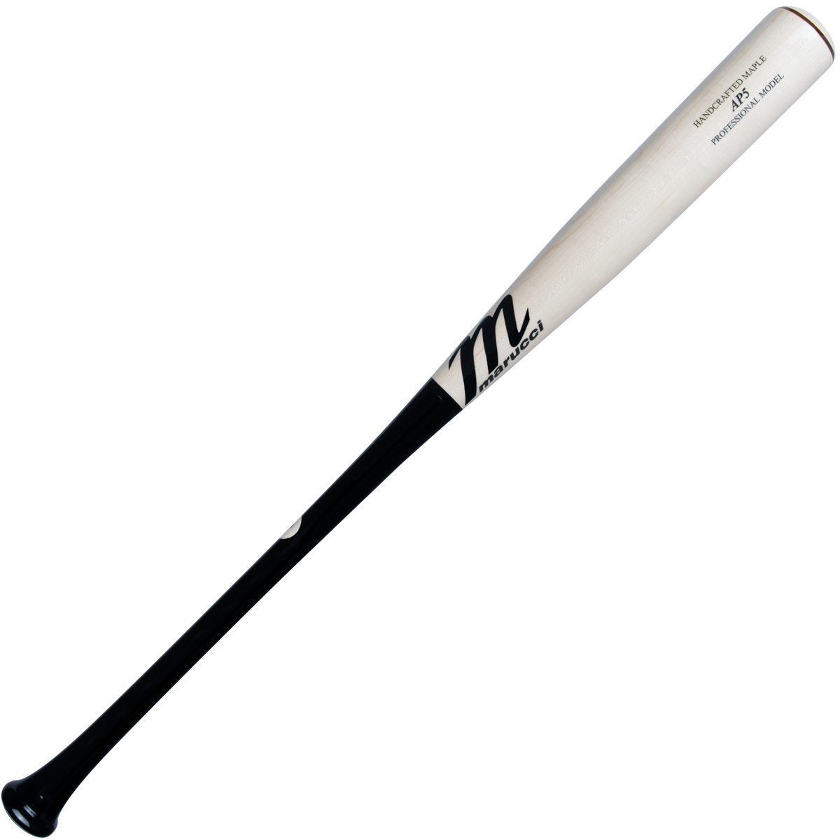The Marucci AP5 Pro Model Maple Wood Bat: MVE4AP5 features a black handle fading to a natural barrel, with the MARUCCI logo near the top—perfect for power hitters who want classic style.