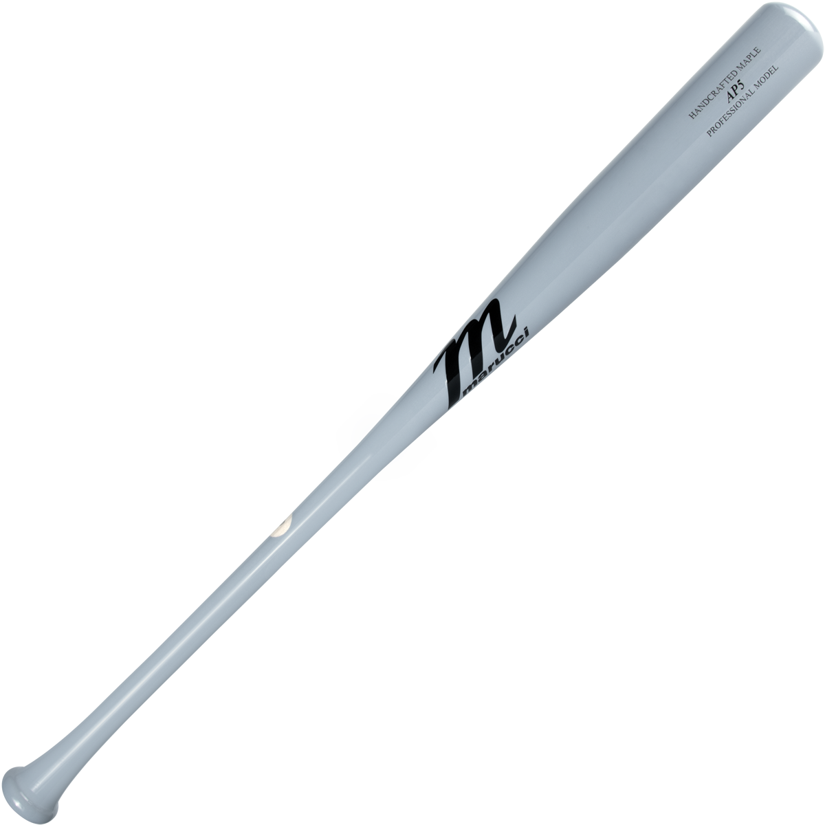 The Marucci AP5 Pro Model Maple Wood Bat: MVE4AP5 is a silver metallic bat with a black M logo and "Model: M271 Professional Model" text on the barrel—perfect for power hitters, shown against a plain white background. Brand: Marucci.