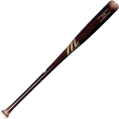 The Marucci CU26 Pro Model Maple Wood Bat (MVE4CU26) features a dark Eclipse finish with a contrasting knob and end, gold lettering, and a barrel logo for balanced performance.