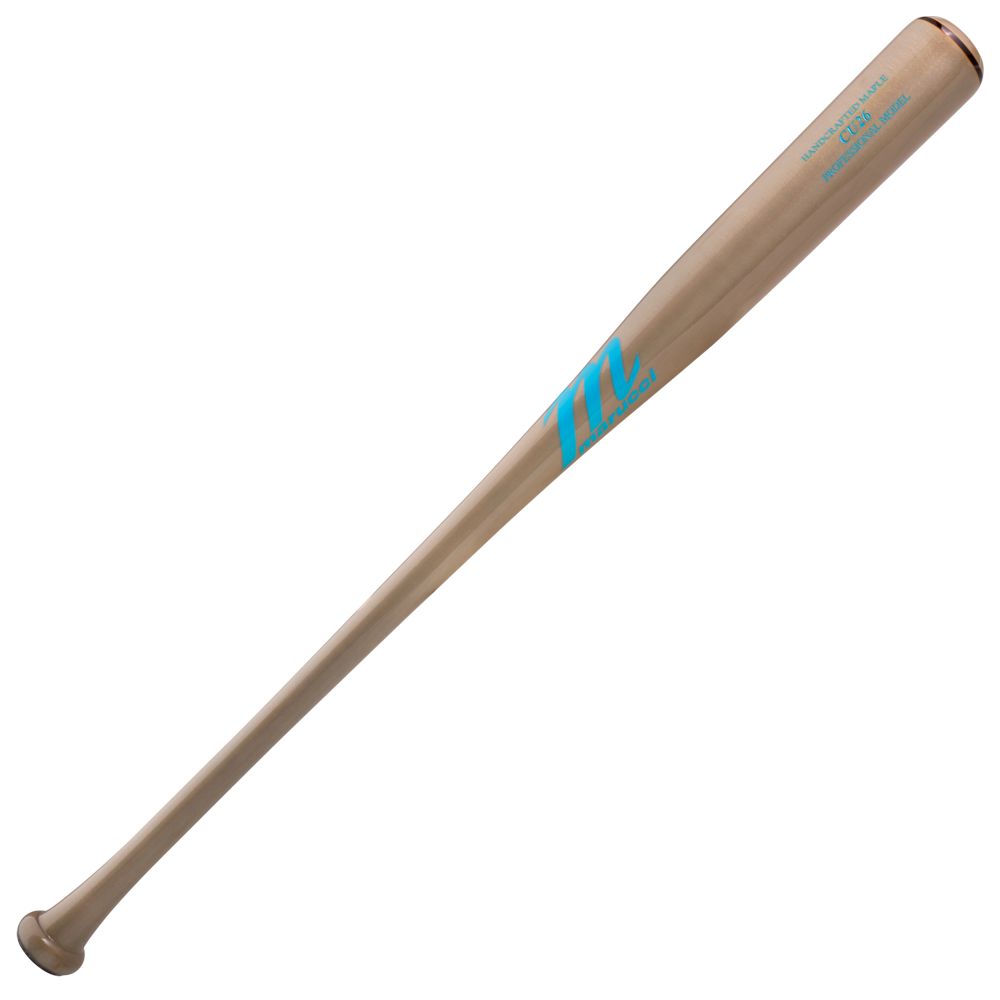 A smoke-colored Marucci CU26 Pro Model Maple Wood Bat (MVE4CU26) with a blue M logo and balanced design, plus extra blue text near the barrel, shown on a plain white background.