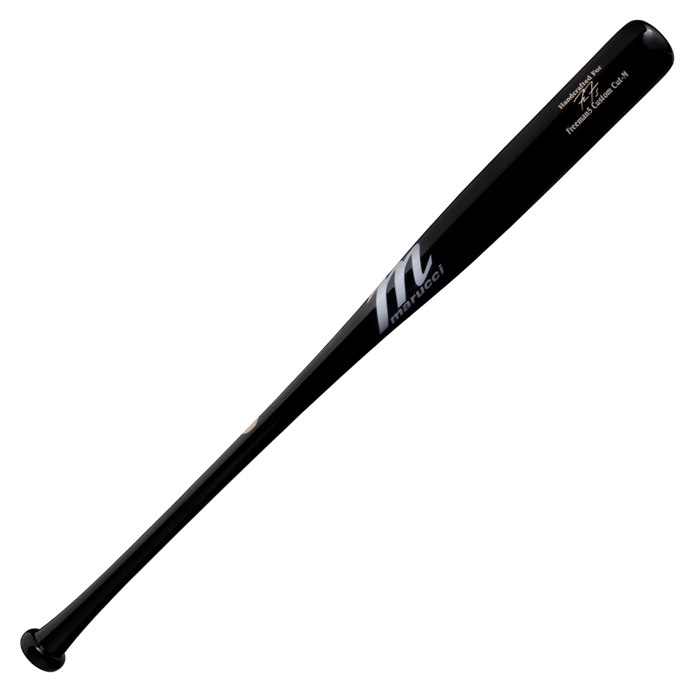 A Marucci FREEMAN5 Freddie Freeman Pro Exclusive Maple Wood Bat (MVE4FREEMAN5) in black with white branding and silver lettering, inspired by the iconic Freddie Freeman bat, is displayed against a plain white background.