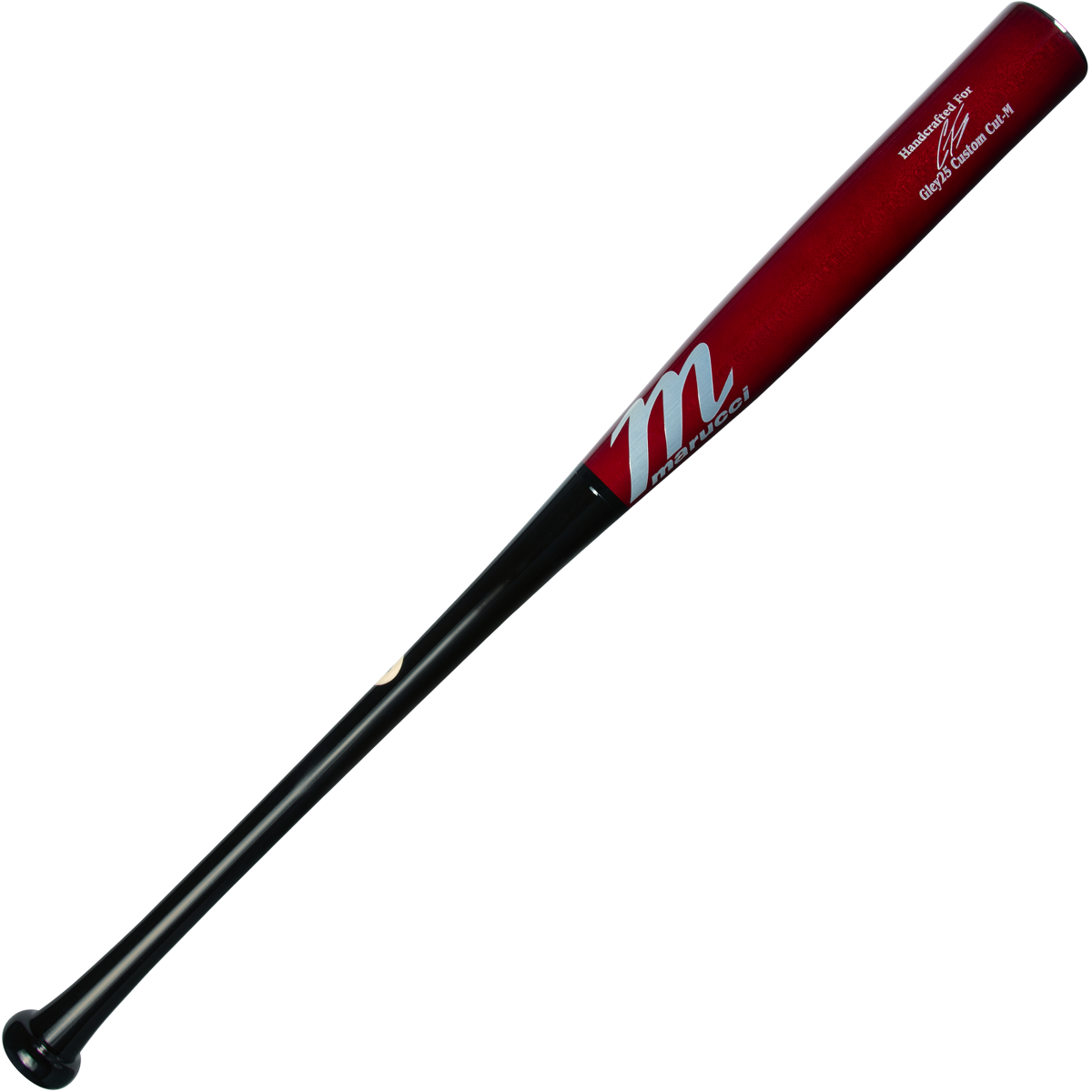 The Marucci GLEY25 Gleyber Torres Pro Exclusive Maple Wood Bat (MVE4GLEY25-BK/LCH) features a black and red finish with a white "M" logo and text near the barrel, highlighting Marucci's renowned craftsmanship on a sleek design.