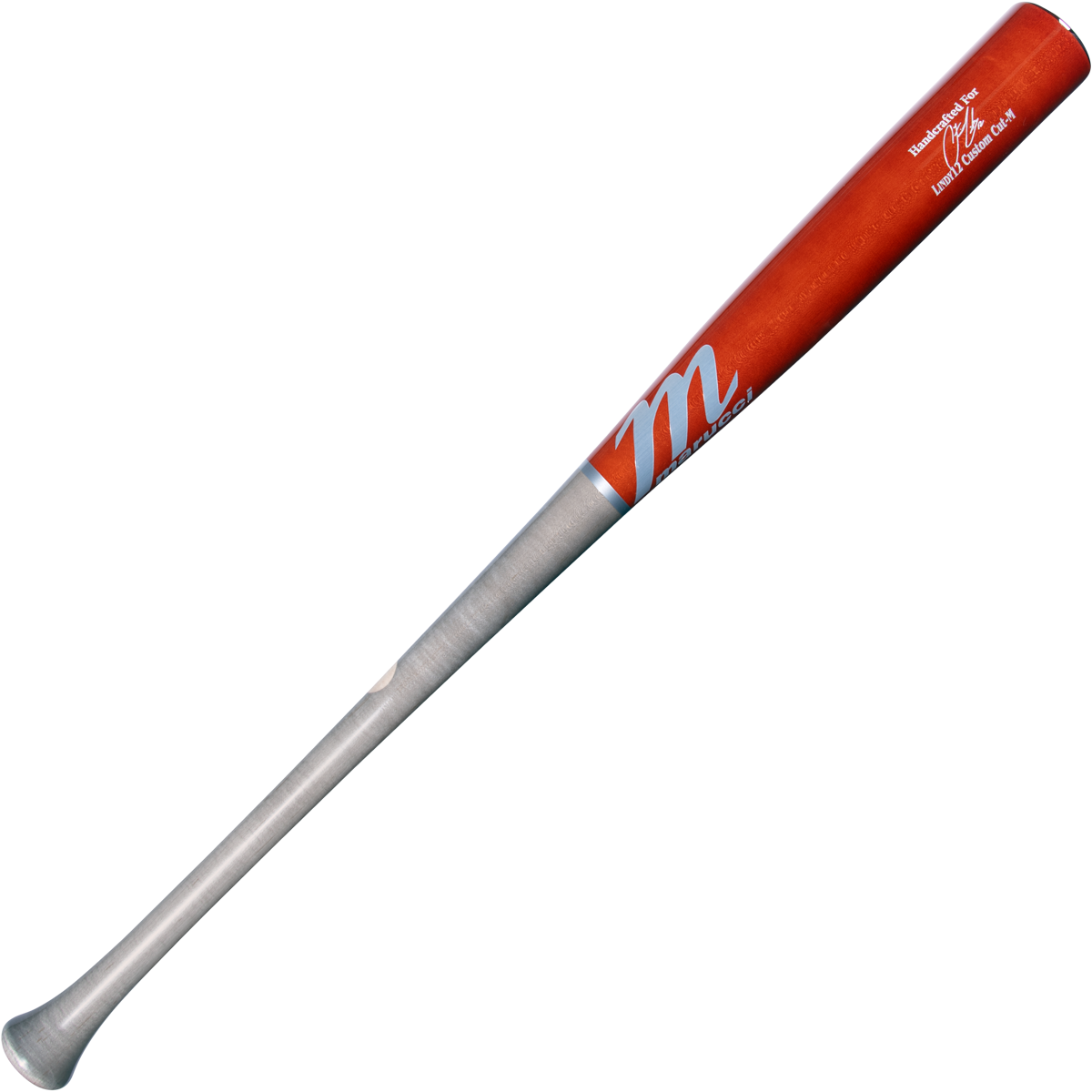The Marucci LINDY12 Francisco Lindor Pro Exclusive Maple Wood Bat (MVE4LINDY12) features a silver handle, red barrel, white M logo, and white text near the top, shown isolated on a white background.