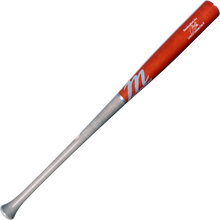 The Marucci LINDY12 Francisco Lindor Pro Exclusive Maple Wood Bat (MVE4LINDY12) features a silver handle, red barrel, white M logo, and white text near the top, shown isolated on a white background.