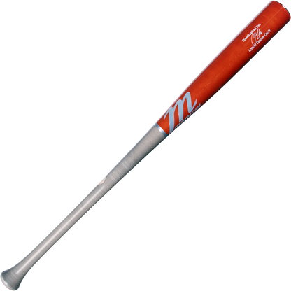 The Marucci LINDY12 Francisco Lindor Pro Exclusive Maple Wood Bat (MVE4LINDY12) features a silver handle, red barrel, white M logo, and white text near the top, shown isolated on a white background.