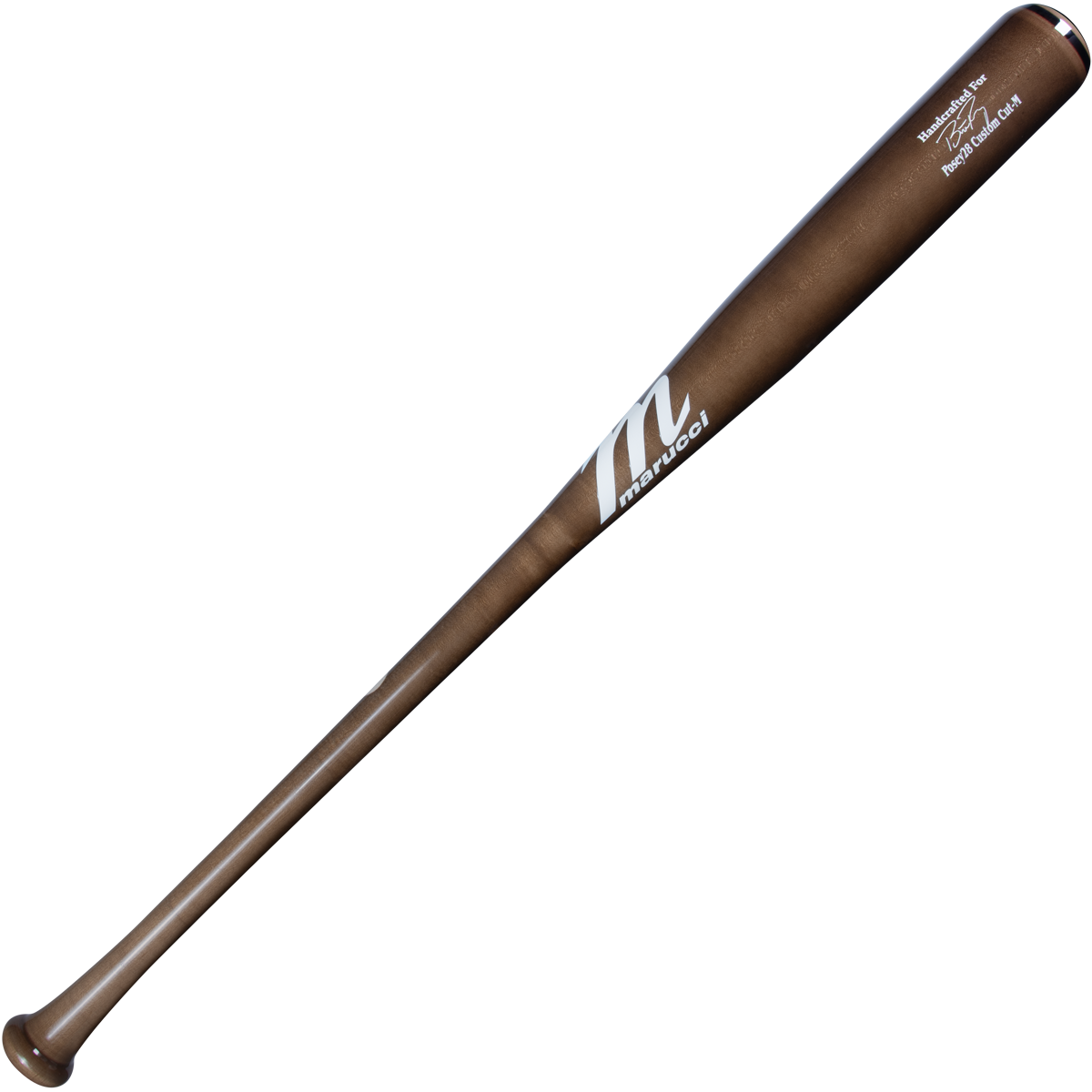 The Marucci POSEY28 Buster Posey Pro Exclusive Maple Wood Bat (MVE4POSEY28-LBR) features a brown, end-loaded design with a silver Marucci logo near the barrel—ideal for power hitters. Displayed on a plain white background.