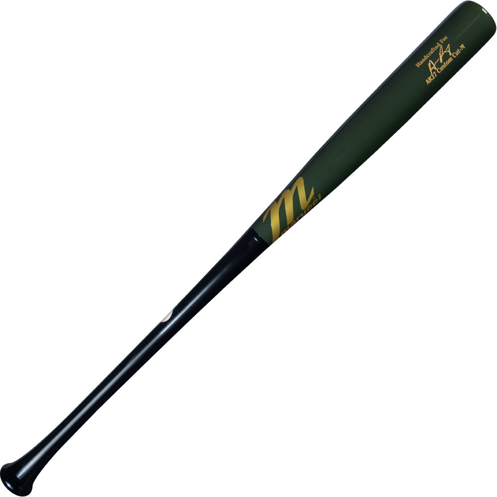 A black and dark green Marucci AR27 Austin Riley Pro Exclusive Maple Wood Bat (MVE4RILEY27) with gold lettering and an AR27 logo by the barrel is displayed on a plain white background.