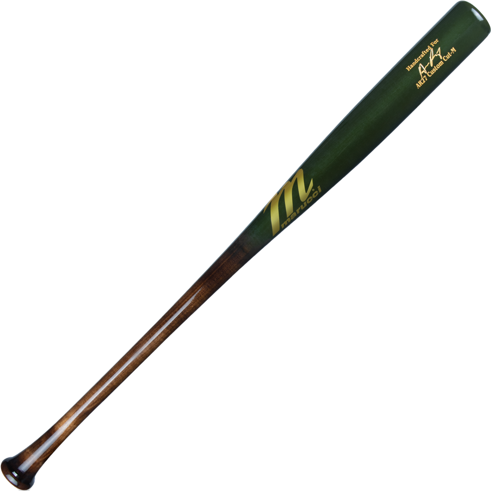 The Marucci AR27 Austin Riley Pro Exclusive Maple Wood Bat (MVE4RILEY27-FFSG) features a gold logo, end-loaded maple design, and sleek PRO-X finish.